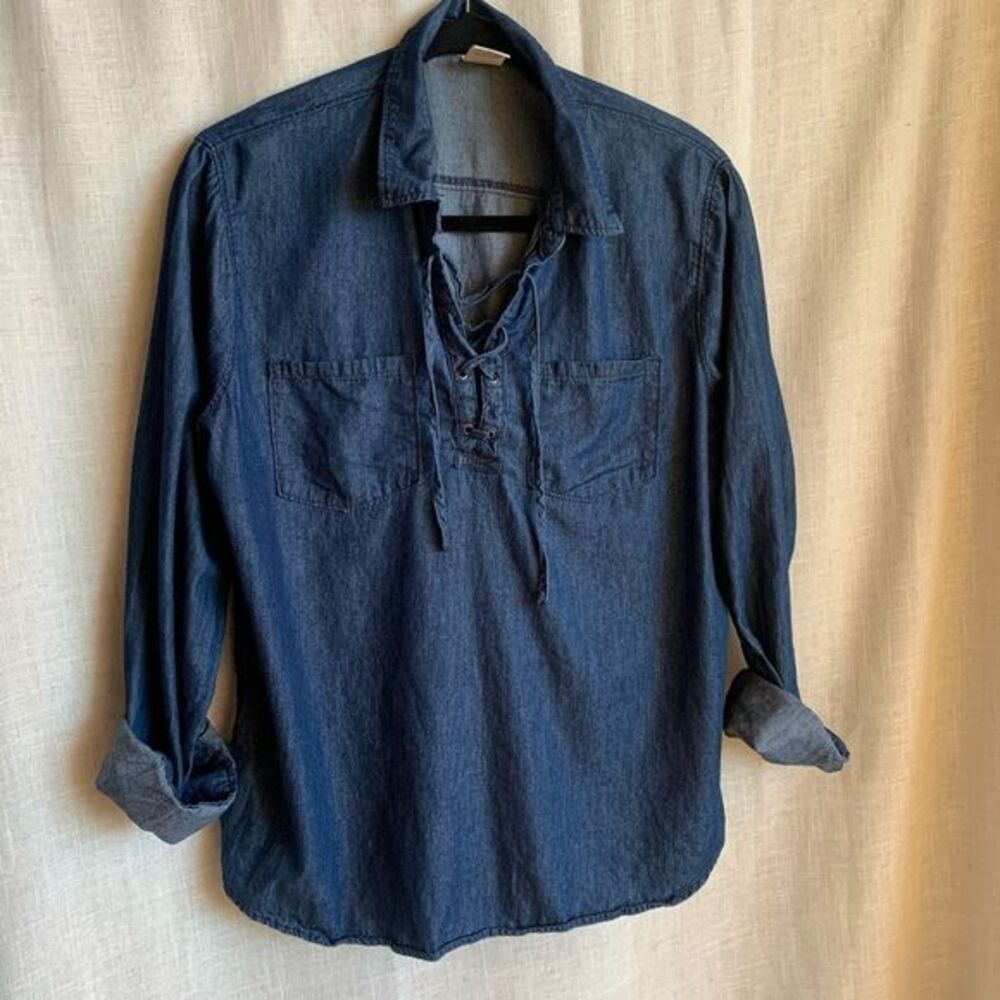 Faded Glory Long Sleeve Denim Button Down Shirt 100% Cotton‎ Size L Boho Western